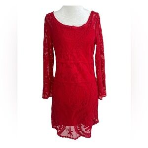 Express Red Lace Mesh Floral Embroidered Dress S Fairy Core Holiday Party